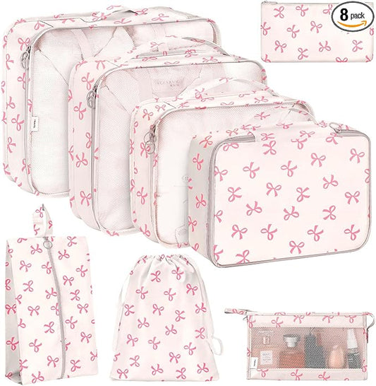 KPX 8 Set Packing Cubes for Travel, Luggage Packing Organizers Accessories Large Toiletries Bag for Clothes Shoes Cosmetics (8Set-Pink Bow)