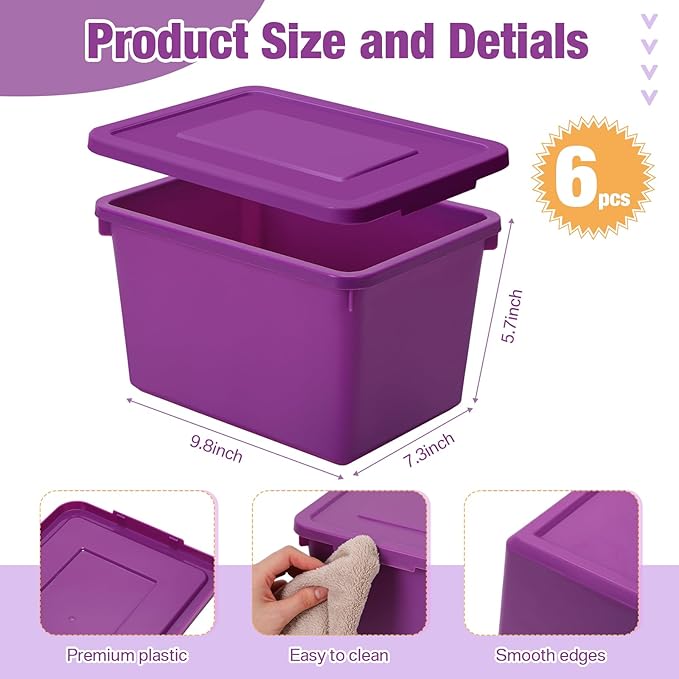 Potchen 6 Pack Cute Plastic Storage Bins with Lids Decorative Stackable Storage Boxes 9.8" ×7.3" ×5.7" Small Storing Totes for Organizing Craft Office Supplies (Colorful)
