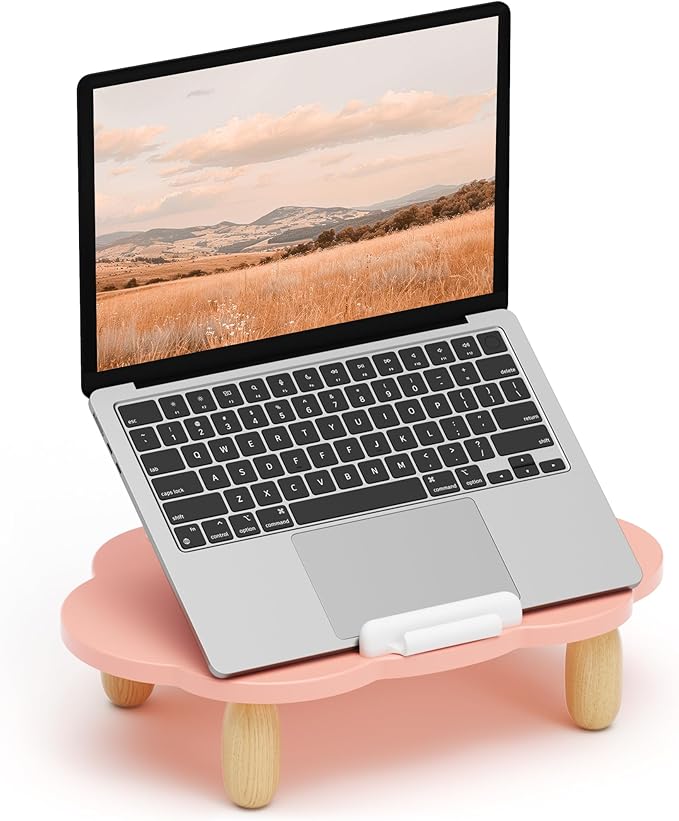 AFOOYO Adjustable Wood Laptop Stand, Ergonomic Height Angles Computer Stand, Cloud-Shaped Holder Riser Notebook Stand for Desk Compatible with Air, Pro, Dell, HP, Lenovo More 10-17.3" Laptops, Pink