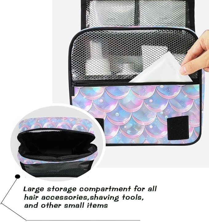 senya Hanging Travel Toiletry Bag Cute Kit Makeup Case Cosmetics Organizer for Men Women (Pale Pink Purple Blue Mermaid Scales)