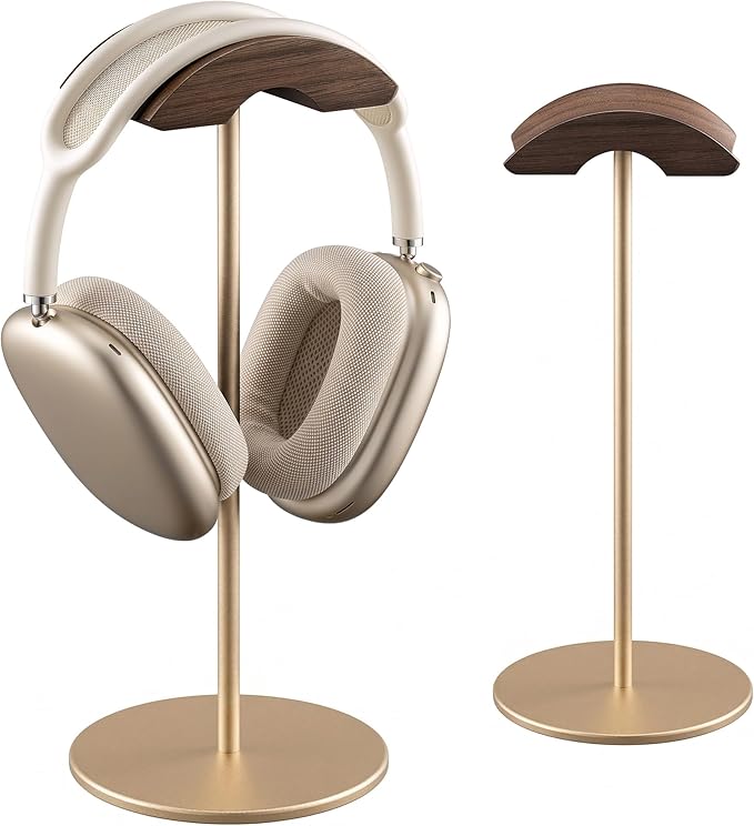 Headphone Stand, Walnut Wood & Aluminum Headset Stand, Nature Walnut Gaming Headset Holder with Solid Heavy Base for All Headphone Sizes (Gold)