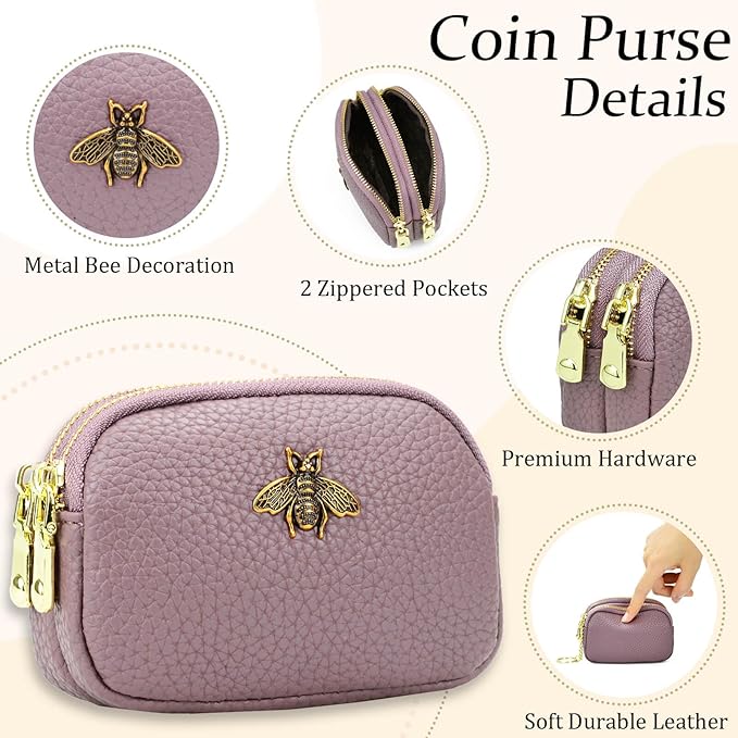 WOZEAH Leather Coin Purse for Women Small 2 Zipper Change Wallet with Key Ring Card Key Coin Cash Holder Pouch(Purple)