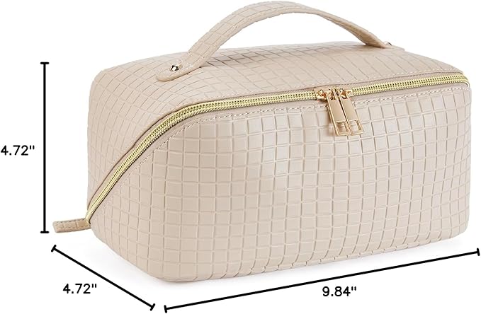 Telena Leather Make Up Bag Portable Travel Makeup Bag Waterproof Cosmetic Bags for Women Large Capacity With Handle and Divider Open Lay Flat