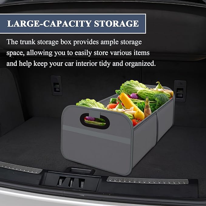 Car Trunk Organizer, Foldable Car Trunk Storage Box with 2 Compartments & Mesh Pocket, Large Capacity, Portable with Handle, Collapsible Backseat Storage Organizer for SUV Truck Sedan (Gray)