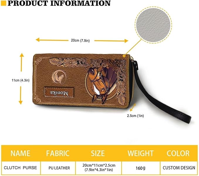 Bulopur Custom Name Wallet for Women Large Capacity RFID Phone Holder Horse Clutch Purse Long Wallet Credit Card Holder Coin Money Clip PU Leather Zip Around Wristlet Wallets