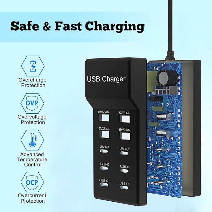 Multiple USB C Charger, 12 Ports USB Charging Station, 60W MultiPort Charger[10 USB-C+2 USB-A], USB Wall Charger, Desktop USB Charger for iPhone/iPad/Samsung/Google Pixel/Watch/Headphones(Black)