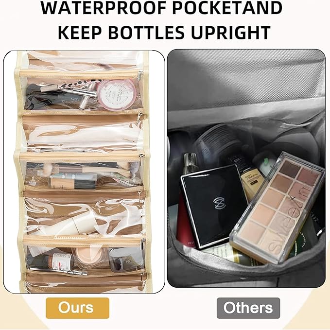 ROYALFAIR Roll Up Makeup Bag, Travel Toiletry Bag for Women with 4 Clear TSA Approved Pouches, Hanging Travel Organizer, Folding Cosmetic Bag for Men and Women (khaki)