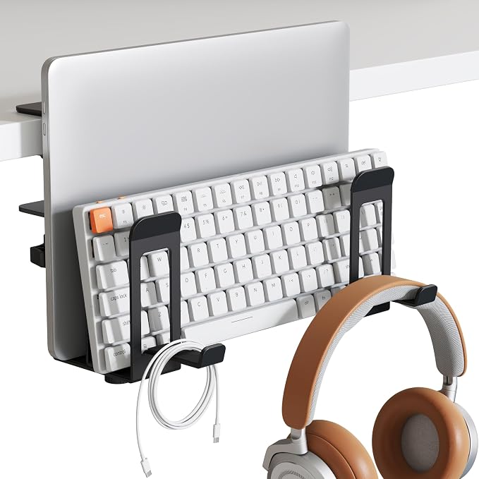 PEGZONE Laptop Stand Vertical, 2-Slot Under Desk Laptop Holder, Black | Desk Side Storage with Headphone Holder, Laptop Organizer for Office Gaming