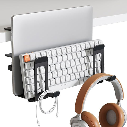 PEGZONE Laptop Stand Vertical, 2-Slot Under Desk Laptop Holder, Black | Desk Side Storage with Headphone Holder, Laptop Organizer for Office Gaming