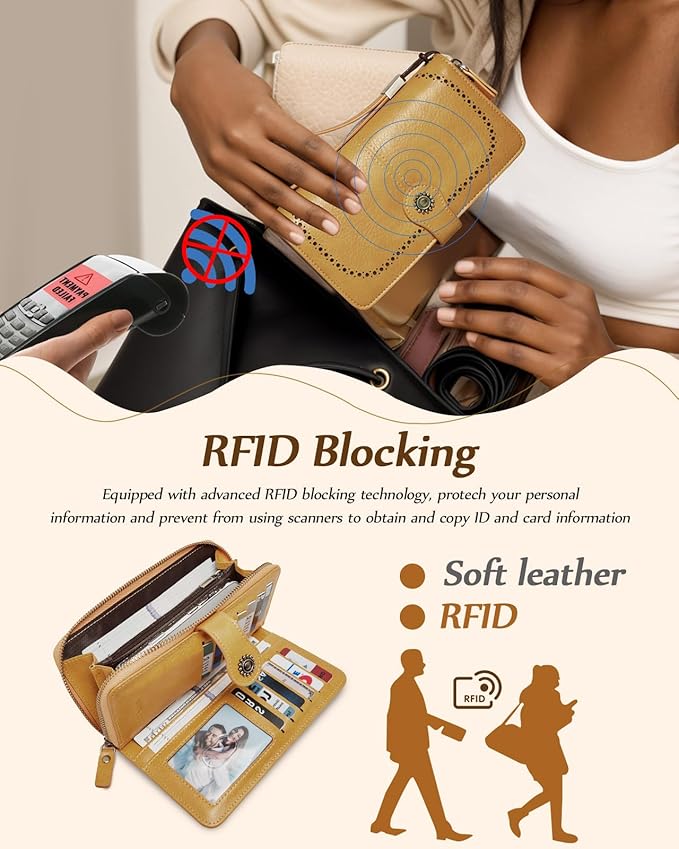 TFKGS Wallet for Women RFID Blocking Leather Large Capacity Card Holder Ladies Phone Clutch Travel Long Purse Wristlet | RFID Blocking, Leather, Large Capacity, Ladies, Travel