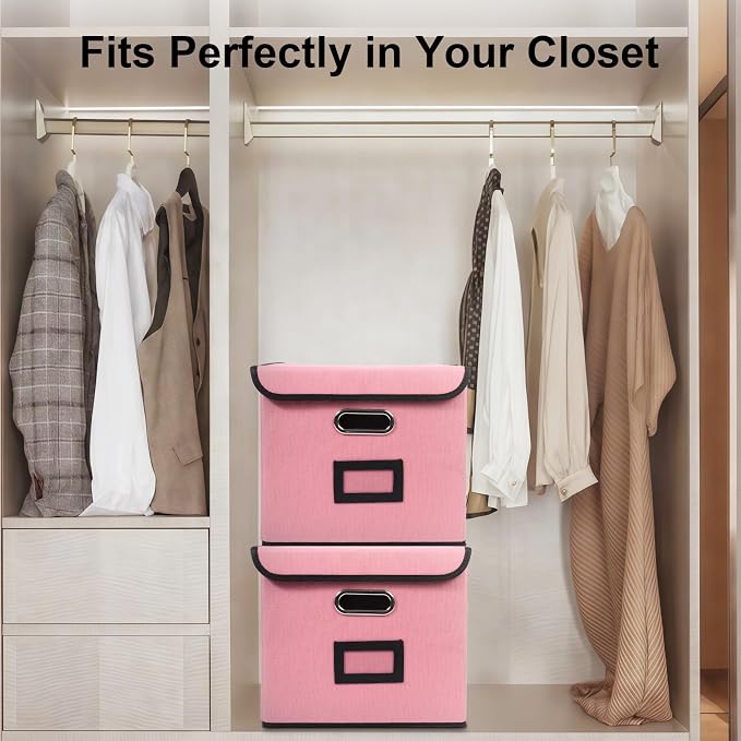 File Storage Box with Lid, 15.55x12.87x10.43 Inches, Foldable Organizer with Handles & Label Slot, for File Storage, Home, Office, and Closet Organization(4 Packs, Pink)