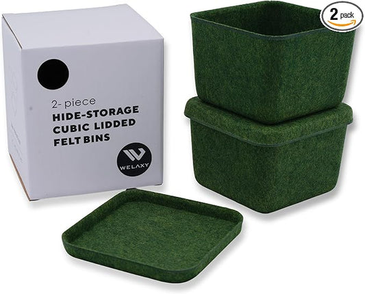 Welaxy 2-piece cubic lidded felt drawer organizer bin desktop stackable storage container with lid decluttering home office for jewelry watch clips (Forest Green