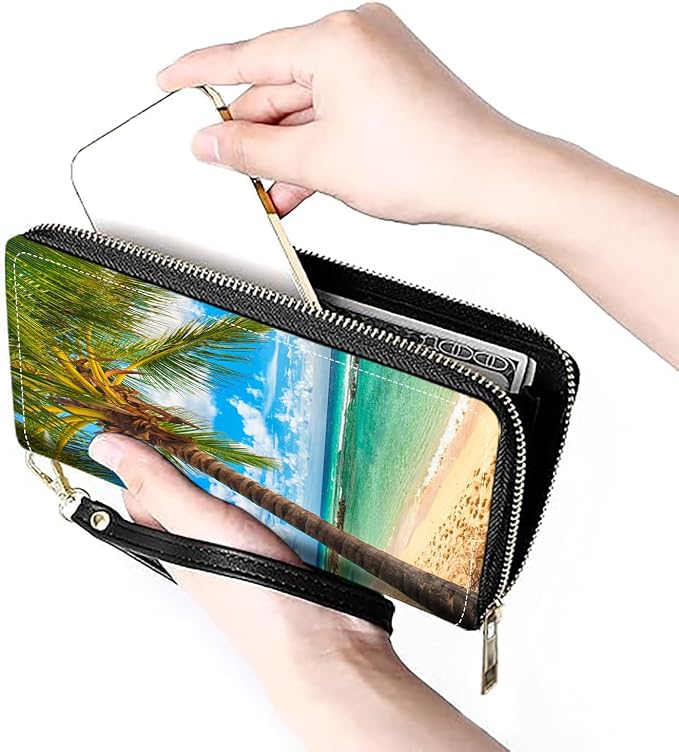 Women's Large Capacity Wallet PU Leather Zip Around Clutch Purse Multifunctional Wallet with Removable Wristlet Strap for Smart Phone/Coin/Card/Cash, Tropical Paradise Beach Palm Trees