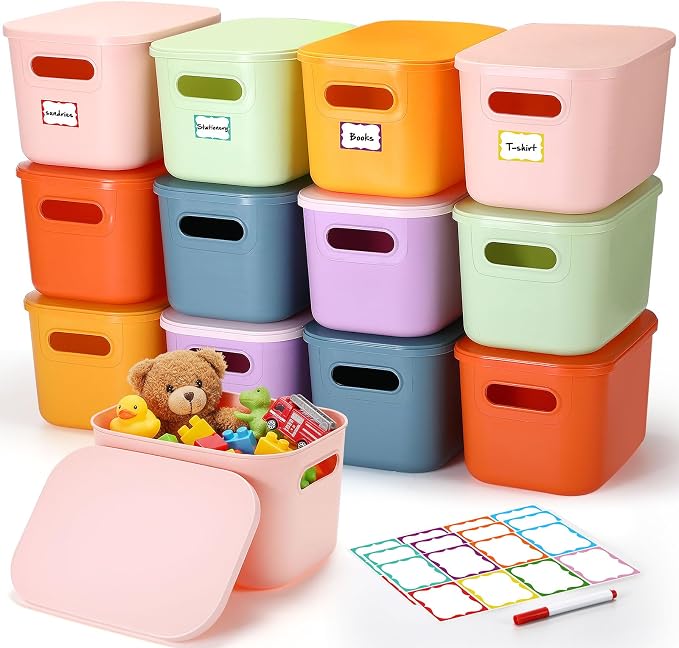 Thyle 12 Pack Pastel Colorful Plastic Storage Bins with Lids 7 Quart Toy Storage Box Stackable Nestable Organizer Boxes with Handle and Labels for Classroom Shelf Bedroom Desktop Toys School Supplies