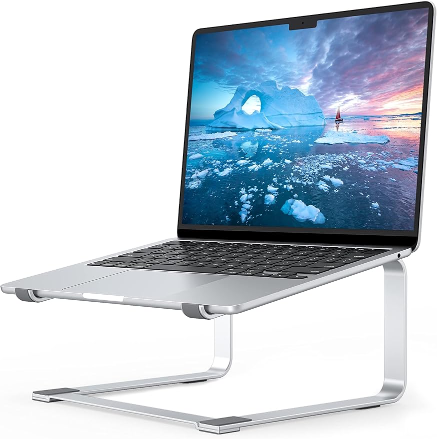SOUNDANCE Laptop Stand for Desk, Ergonomic Metal Computer Riser for 12-17.3 Inch Laptops, Heavy Duty Stable Desktop Holder, Improves Eye Level & Workspace Organization, Silver