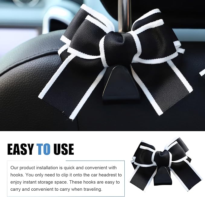 2 PCS Car Seat Headrest Hooks, Cute Bow Hooks Decor, High-Load Hanger for Purses Umbrellas, Car Interior Decoration Accessories for Women, Girls (Black & White)