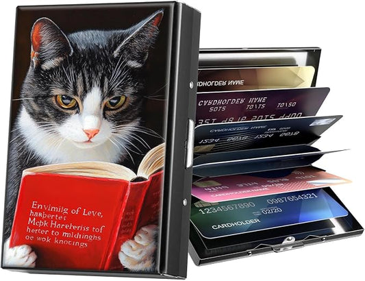 Metal Wallet,Credit Card Holder for Women Men,RFID Blocking Card Holder Wallet Mini Slim Aluminum Wallet ID Case Hard Card Case Business Card Holder Case,Cute Cat Book