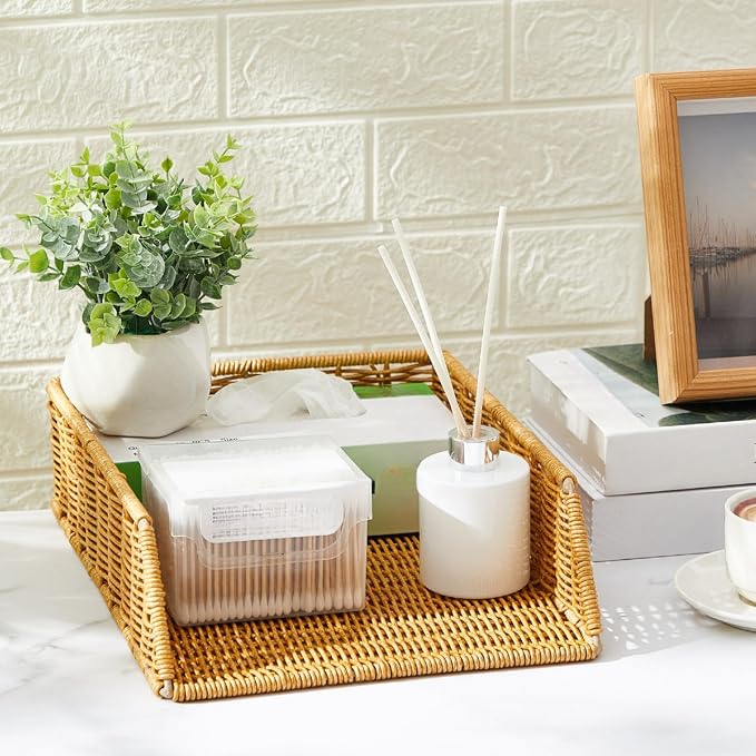 Yeaqee 2 Pcs Paper Tray Organizer for Desk Woven Letter File Organizer A4 File Tray Desk Paper Basket Letter Size Imitation Rattan Holder Organization Rack for Office Storage(Brown,Sleek Style)