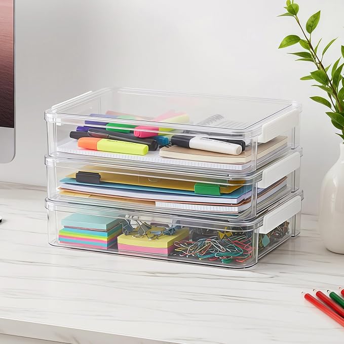 Clear Stackable Storage Box, Document Organizer with Lid, A4 Size File Container, Office Desktop Organization 13.66 * 9.21 * 2.56 Inch