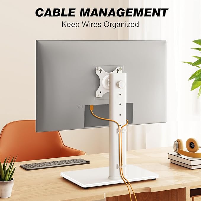 TAVR Furniture Single Monitor Stand VESA Mount for 13-32 Inch Screens, Free-Standing Monitor Riser with Swivel Tilt Rotation Height Adjustable, Universal Desk Stand up to 44lbs, White
