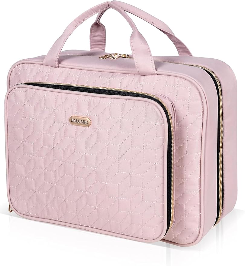 BALULHG Travel Hanging Toiletry Bag for Women, Water-Resistant Cosmetic Organizer with 4 Compartments & 360° Swivel Hook, TSA-Approved Makeup Bag for Shampoo, Full Sized Container, Toiletries (Pink)