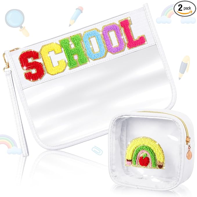 Hillban 2 Pcs Welcome Back to School Gift Bags Pencil Pouch Clear Case Chenille Letter Makeup Cosmetic Bags Toiletry Travel Purse First Day of School Waterproof PVC Organizer Storage for Women