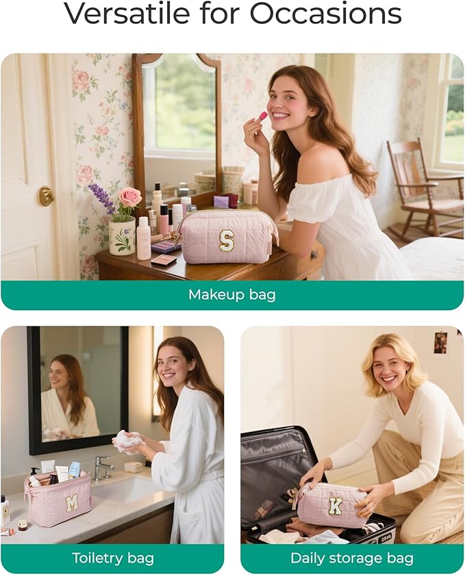 BAGSMART Birthday Gifts Personalized Initial Makeup Bag, Trendy Stuff Gifts for Women Bridesmaid Graduation, Puffy Padded Make Up Bags for Women, Wide-open Toiletry Bag, Pink A