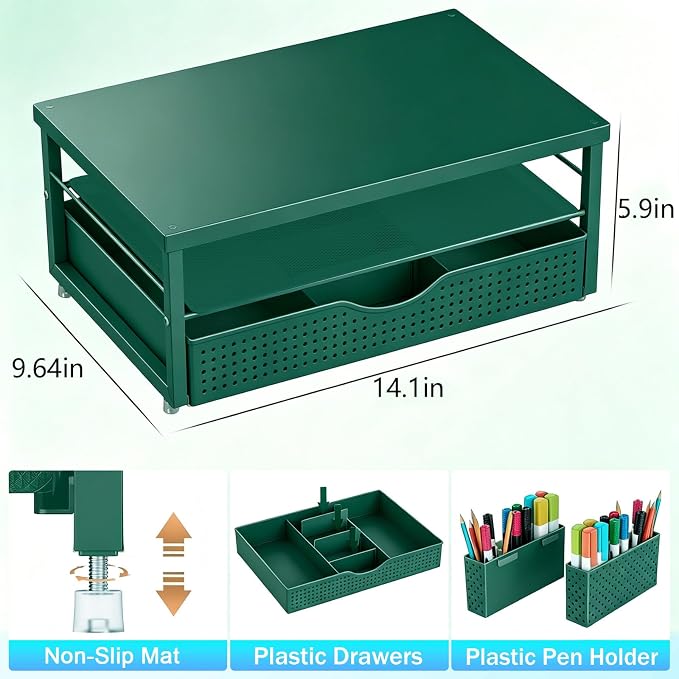 gianotter Desk Organizers and Accessories, Monitor Stand with Drawer and 2 Pen Holder, Desktop Organizer Suitable for Offices and Dormitories (Green-Plain)
