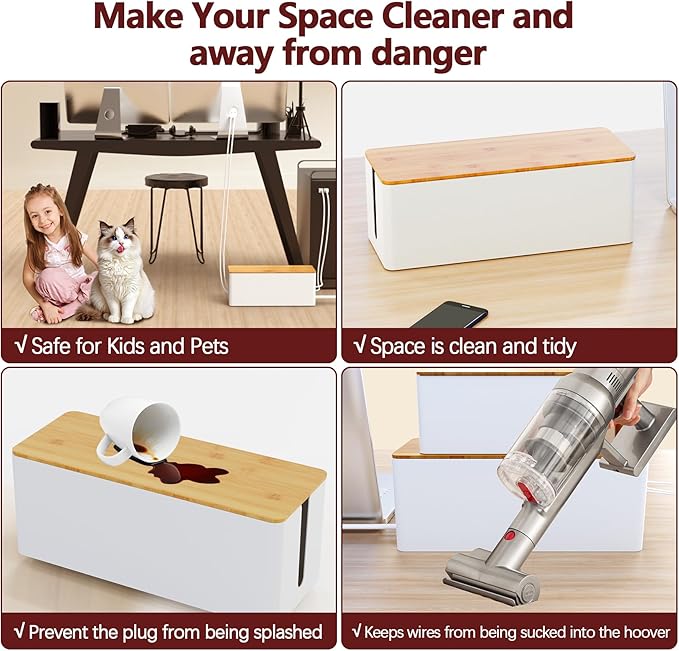 Cable Management Box,Wooden Style Large Cable Organizer Box for Office and Home,Cable Organizer Box with Proof Lock for Baby-Pets,Wood Lid（White,1 Pack
