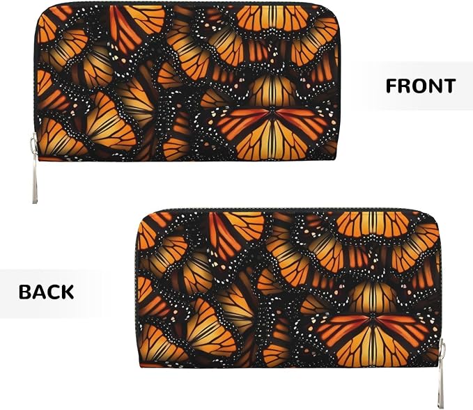 Orange Monarch Butterflies Wallet for Men Women Elegant Long Clutch Zip Around Travel Leather Coin Purse Large Capacity Credit Card Holder Handbag