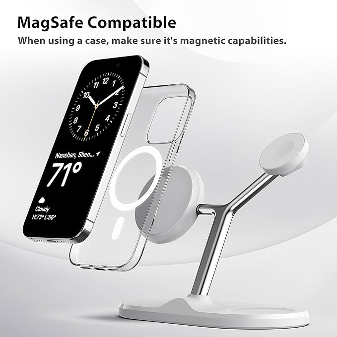 3-in-1 Wireless Charging Station for Apple Devices - Fast Charging Station for iPhone and Watch with MagSafe, Stable Charger Stand for iPhone 12-15 & iPhone 16 & iWatch & AirPods, Adapter Not Included
