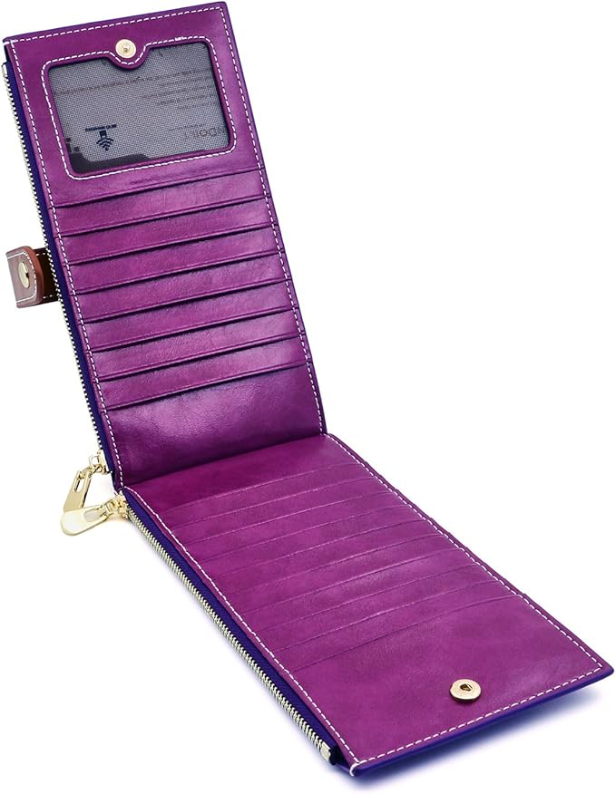 ANDOILT Women's Genuine Leather Wallet RFID Blocking Credit Card Holder Zipper Purse Cell Phone Handbag