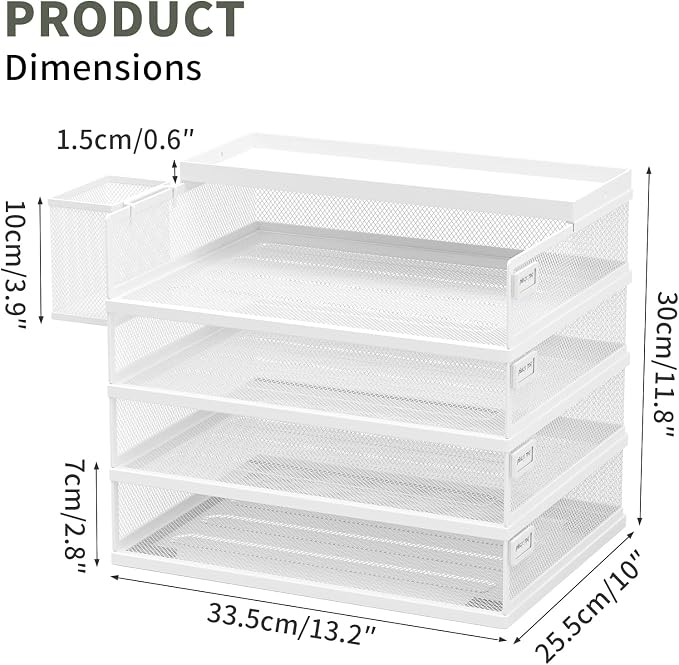 FANXIYQ Metal Stackable Letter Trays, 4-Tier Desk Organizer & Paper Trays for Office, Stackable File & Document Tray with Magnetic Labels,White