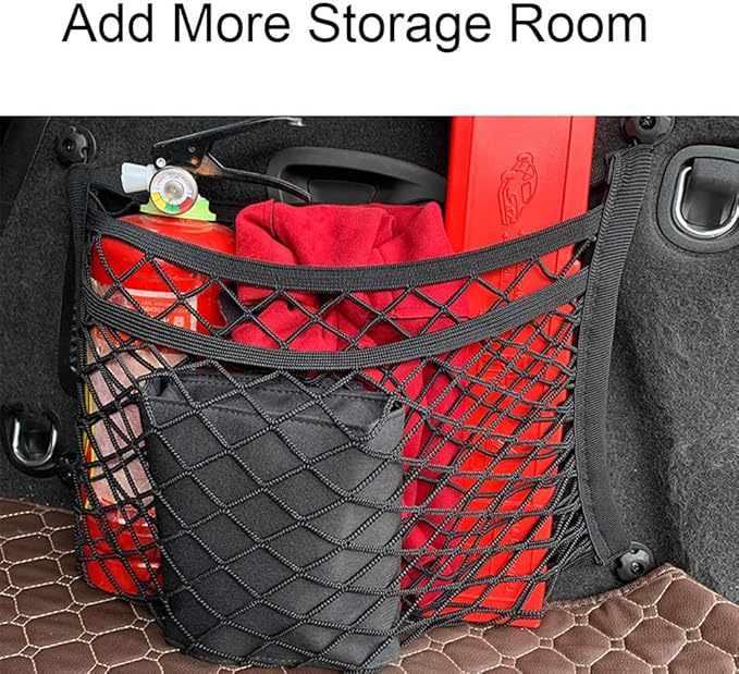 [2 Pack] Upgrade 3-Layer Small Cargo Net for Trunk RV Boats Home Storage Stretchable Mesh Pocket Net with 4 Mounting Screw and Built-in Hooks 18 x 9.8 inch