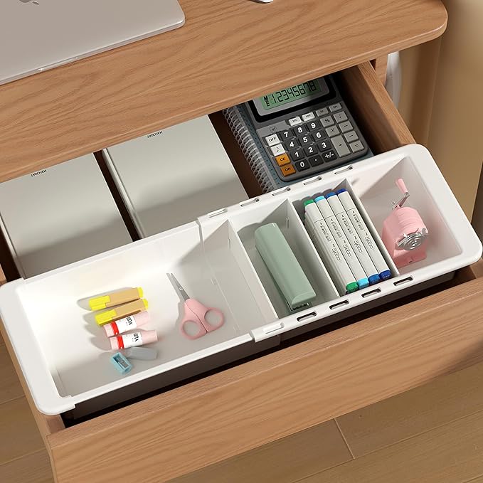 YOOUSOO Expandable Drawer Organizer, 2 PCS Adjustable Drawer Organizer Trays, Drawer Dividers Organizers and Storage For Office Supplies, Pens, Makeup,Utensils, Tools, Flatware and Junks, White
