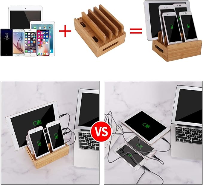 Bamboo Wood Multi-Device Desktop Dock Station Charger Holder Charging Cradle Charge Stand Compatible for iPhone 16 15 14 13 12 11 Pro Max XS XR X iPad 3 4 Mini Pro Air Samsung Huawei Smartphones
