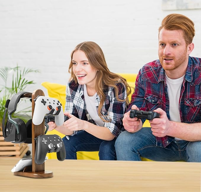 Controller Holder with Headphone Stand - Wood Gaming Controller Stand for Xbox PS5 PS4 Switch Pro, PC Gaming Accessories - Present Idea for Husband, Boyfriend, Gamers, Game Lover, Game Room Decor