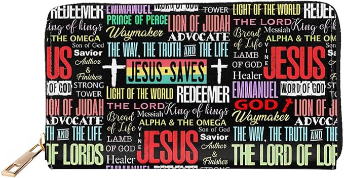 Jesus Cross Leather Wallet Phone Credit Card Money Holder with Many Rooms Zipper Purse for Women Men