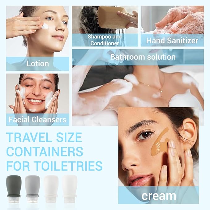 Starfa 4 Pack Silicone Travel Bottles (1oz),Leakproof Mini Lotion Bottles & Dressing Containers with Lids,Reusable Toiletry Squeeze Tubes for Shampoo,Conditioner,and Condiments