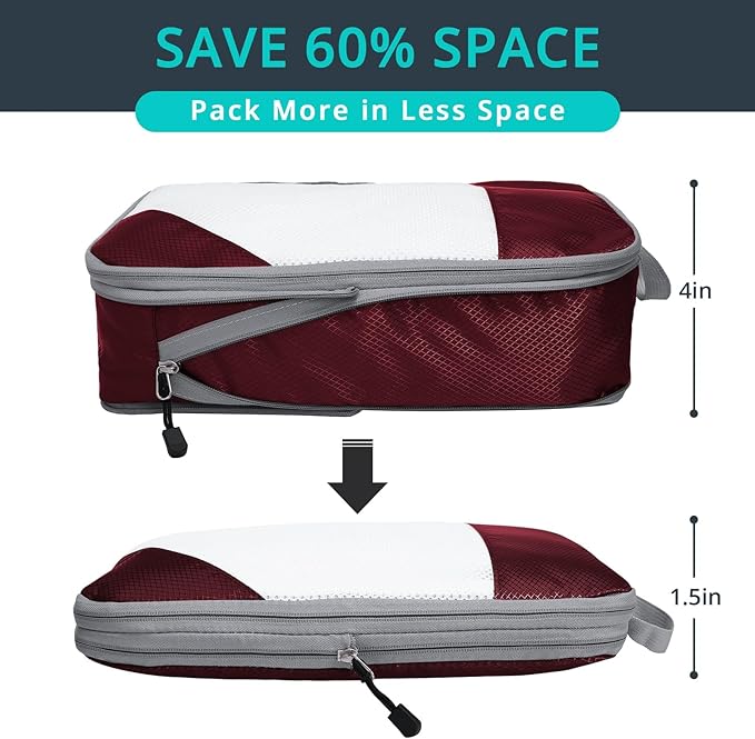9 Set Compression Packing Cubes for Travel - Compressible, Lightweight, and Space-Saving Packing Cubes, Travel Essentials for Women, Wine