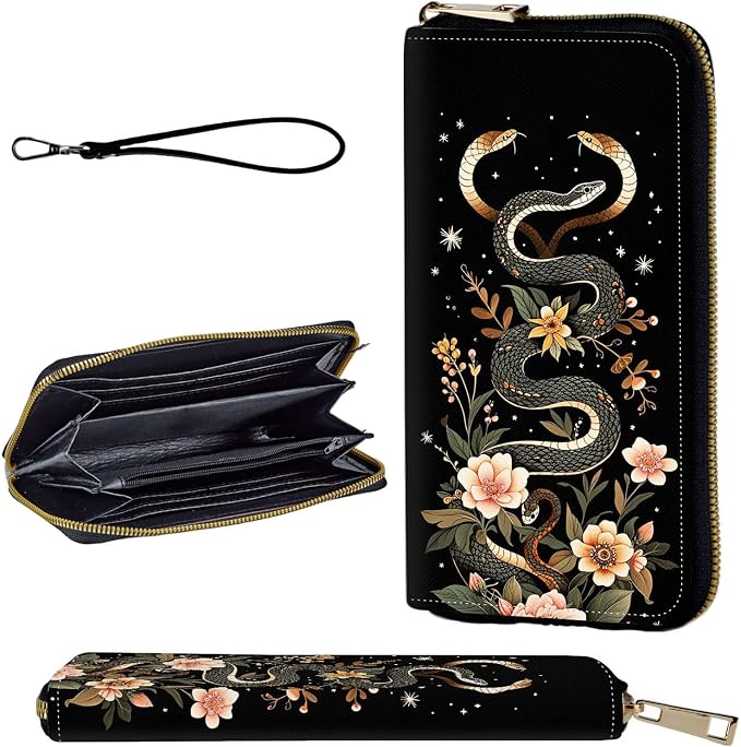 Wallet,Leather Long Wallet Suitable For Ladies And Teenagers - Detachable Wristband + RFID Travel Wallet With Card Slot - Aesthetic Snake Floral