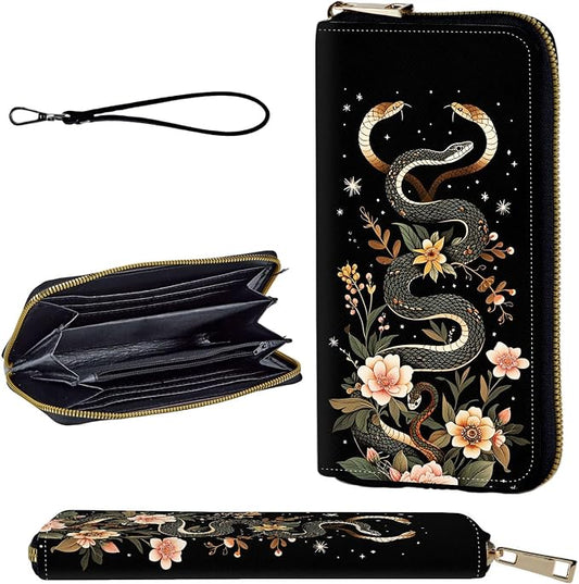Wallet,Leather Long Wallet Suitable For Ladies And Teenagers - Detachable Wristband + RFID Travel Wallet With Card Slot - Aesthetic Snake Floral