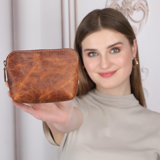 Full Grain Leather Cosmetic Bag – Zippered Makeup Pouch for Women, Small Travel Toiletry & Organizer Pouch for Purse, Premium Handmade Leather (5 × 4 × 2.5 in)