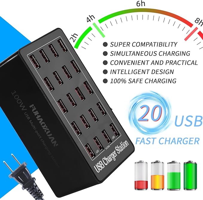 Charging Station, 100W 20-Port USB Multi Device Charger Hub with Intelligent Safety Features, Compact Power Strip for Phones, Watches, Pads, Speakers, Headphones & PS, Ideal for Home Office & Travel