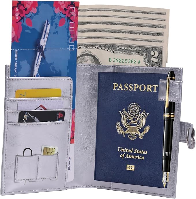 YOXIER Passport-Holder-for-Travel-Women-Men Silvery，lLarge capacity Passports Holders TravelCover Wallet Passport with Pen Holder