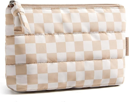 BAGSMART Small Makeup Bag, Puffy Portable Cosmetic Pouch with Charm Zipper, Water-Resistant Travel Organizer for Women (Khaki Checkerboard, Small)