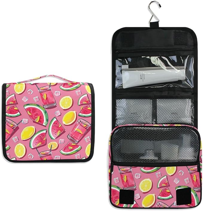 Hanging Travel Toiletry Bag Kit Boys Makeup Case Cosmetics Organizer for Men Women (Watermelon Slices Pink Lemonade)