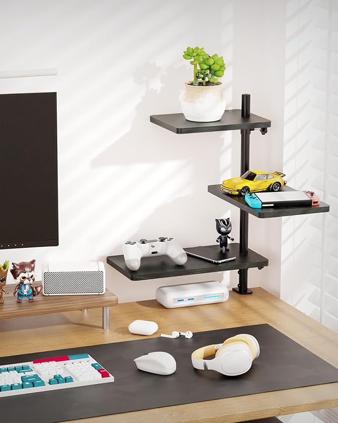 3 Tiers Clamp On Desk Shelf, 360° Angle Adjustable Desktop Shelf Organizer for Home Office Gaming Room, No Drill Desk Extender Adapt to 0.4-2.16 inches Table Thick, Black Brown