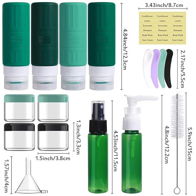 GLAMFIELDS Travel Bottles for Toiletries,TSA Approved 3.3oz Size LeakProof Silicone Toiletry Containers for Shampoo, Conditioner,Easy to Squeeze，Portable Travel Essentials for Lotion(18 Pack) Green