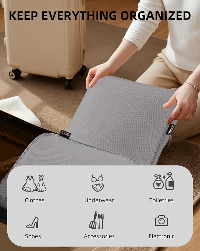 Compression Packing Cubes for Travel, 6-Piece Set (Large/Medium/Small), Double-Zip Luggage Organizers for Suitcase & Carry-On, Clothes Storage Bags (Silver Gray, 6 Pack)